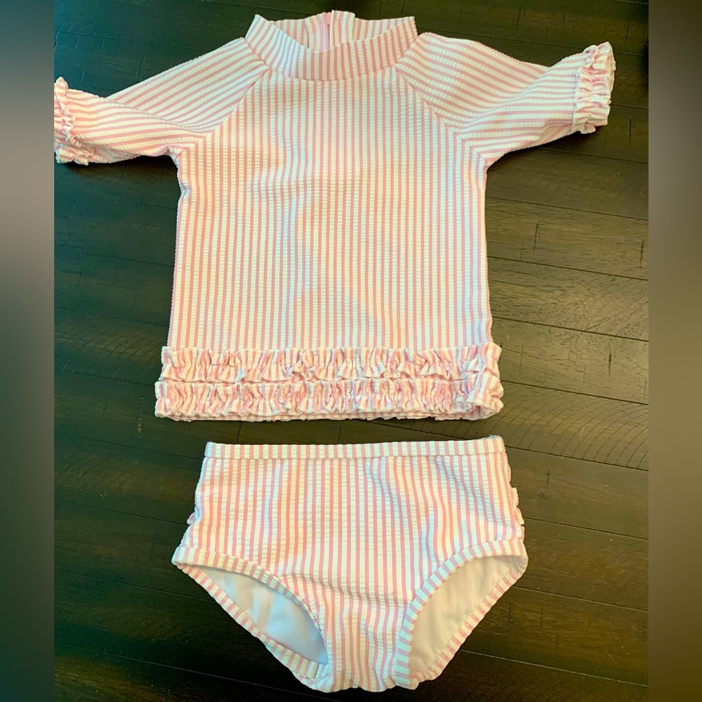 Ruffle Butts Pink Seersucker 2 Piece Rash Guard